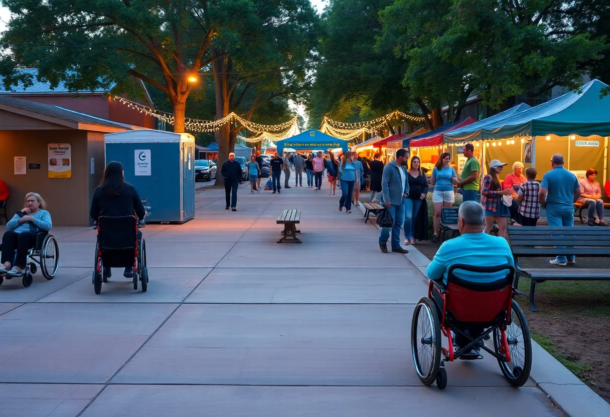 Festival scene in Aiken with accessible paved paths, benches, wheelchair users and gentle holiday lights in the background