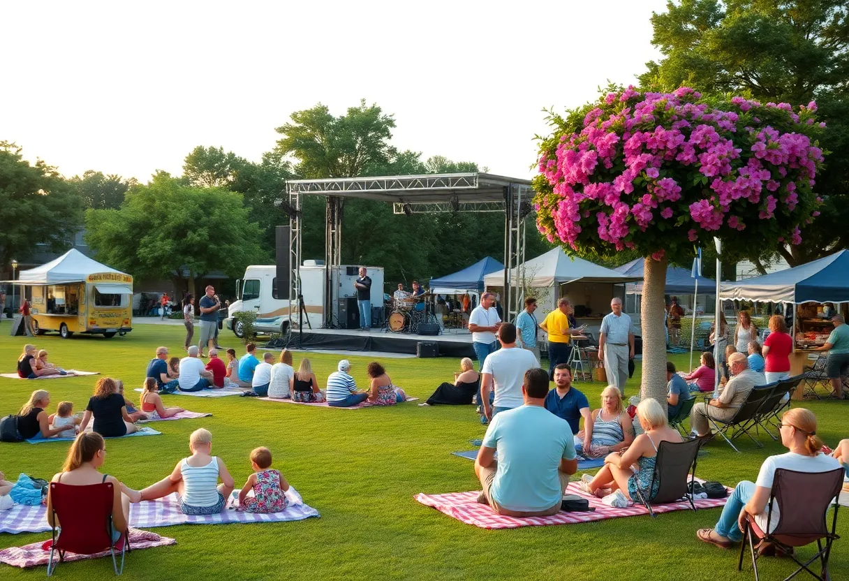 Crowd enjoying outdoor Aiken festivals 2025 with a stage, food vendors, and craft booths among flowering trees