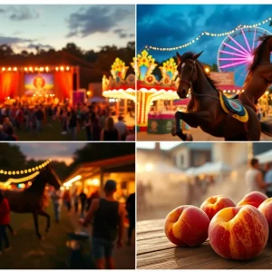 Collage of Aiken festival scenes: garden concert at golden hour, illuminated fair rides, artisan booths, equestrian jump, and peach displays