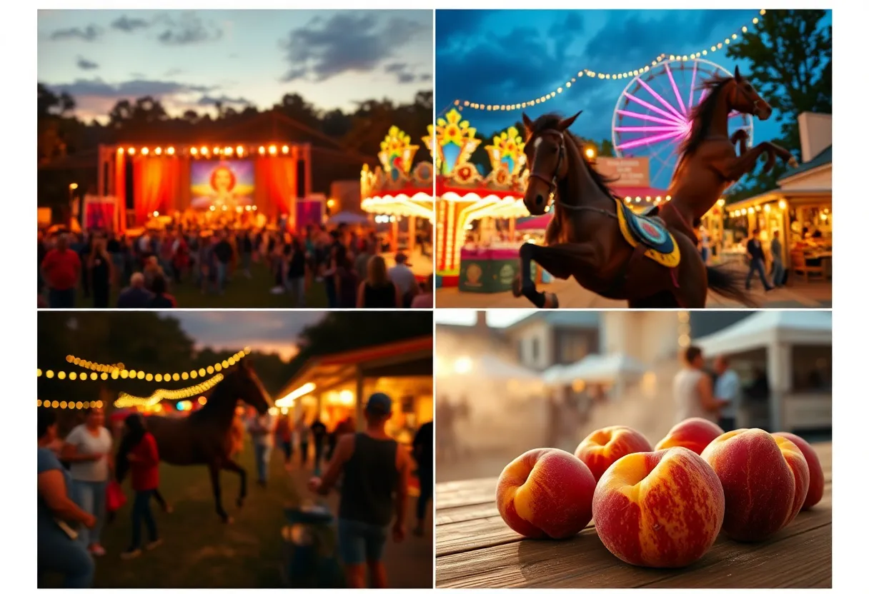 Collage of Aiken festival scenes: garden concert at golden hour, illuminated fair rides, artisan booths, equestrian jump, and peach displays