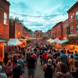 Festival-goers discovering a hidden garden stage with musicians and string lights at an Aiken festival