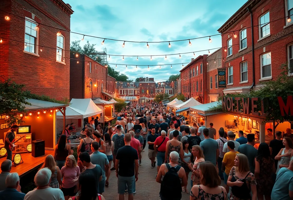 Festival-goers discovering a hidden garden stage with musicians and string lights at an Aiken festival