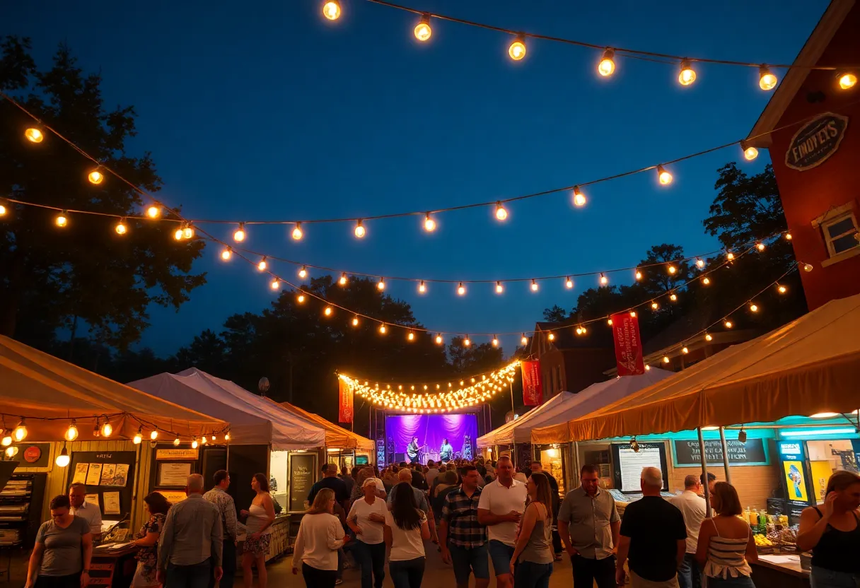 Crowd enjoying a nighttime festival with lit stage, vendor booths and string lights in Aiken, South Carolina.