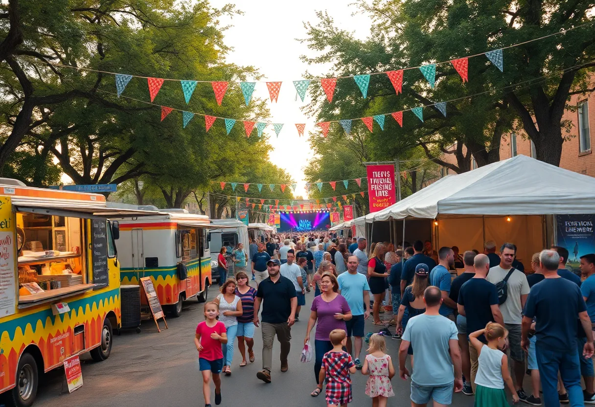 Crowded Aiken festival street with food trucks, artisan booths and live music