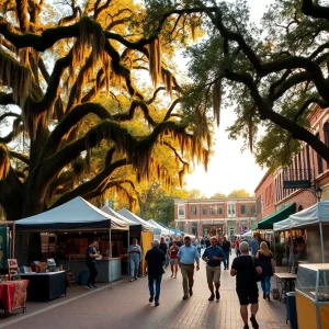 Downtown Aiken festival with artisan booths under live oaks and a bluegrass stage