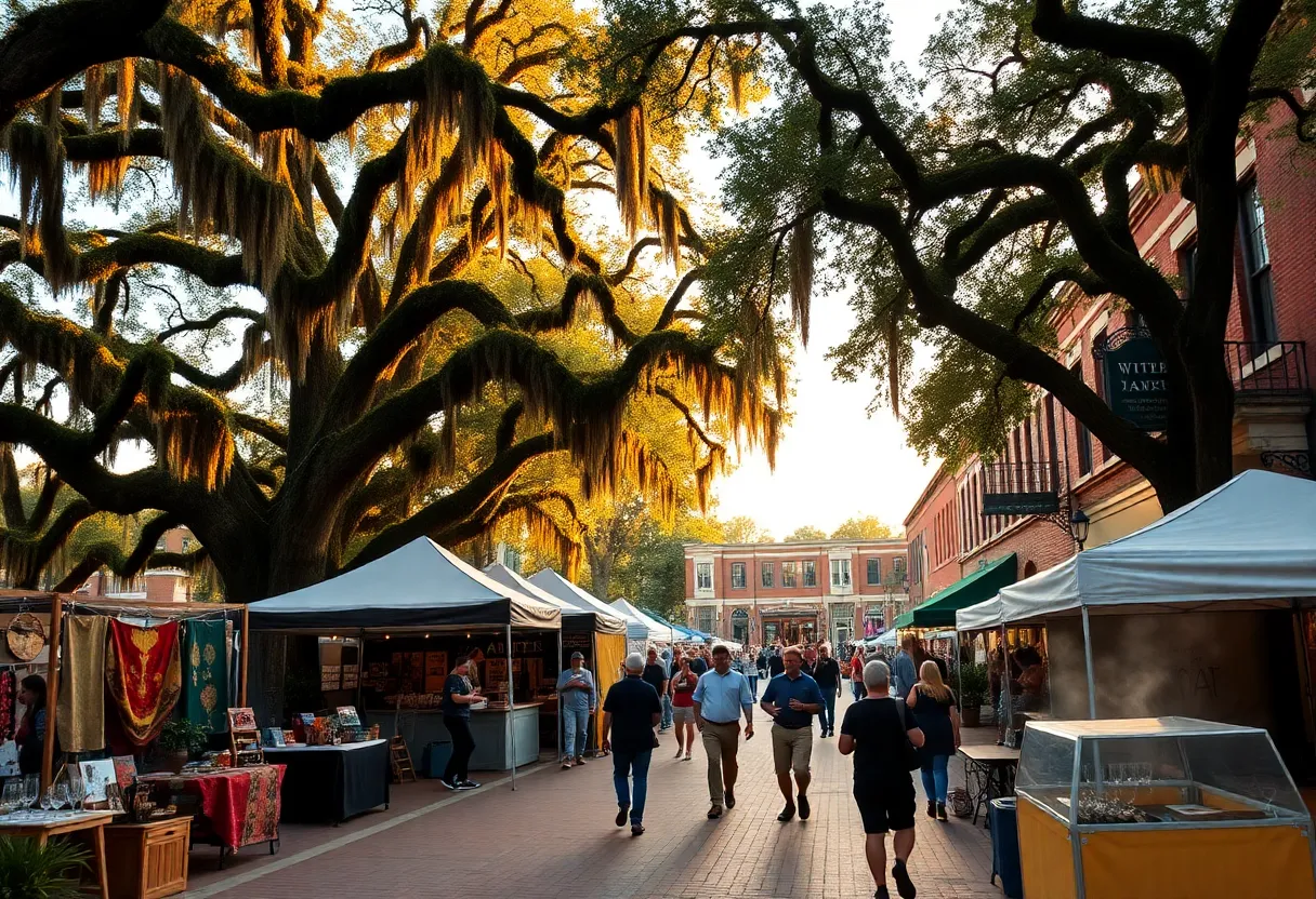 Crowd at Aiken small festivals with artisan booths, food trucks, and live music at golden hour