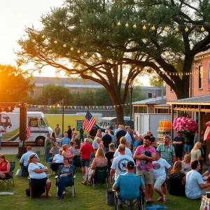 Outdoor Aiken festival with music stage, food trucks, artisan booths, and camellia displays