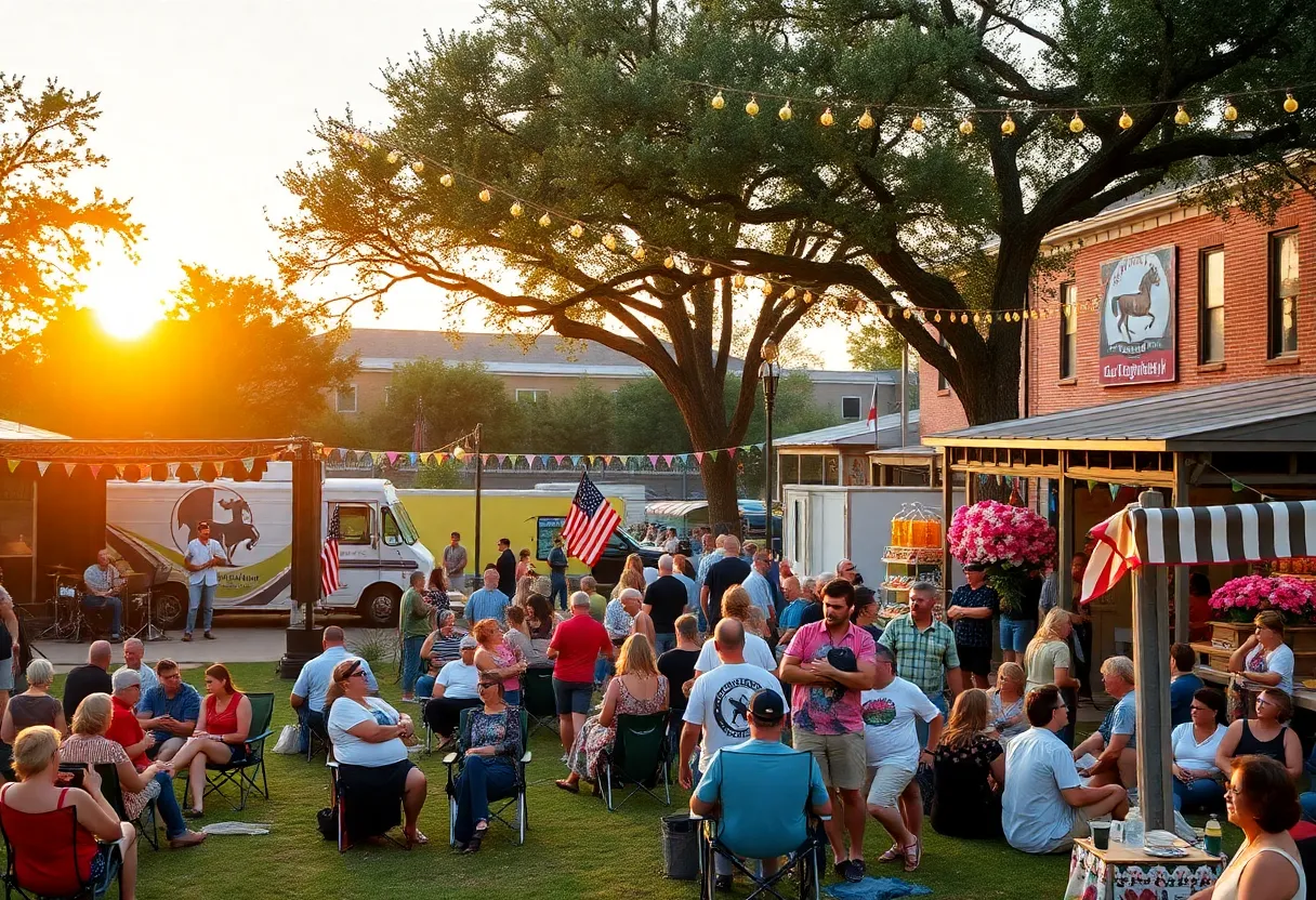 Outdoor Aiken festival with music stage, food trucks, artisan booths, and camellia displays