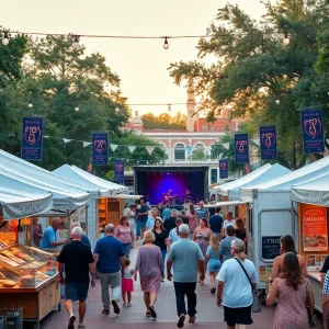 Outdoor festival in downtown Aiken with artisan booths, food trucks, live music stage, and string lights at dusk.