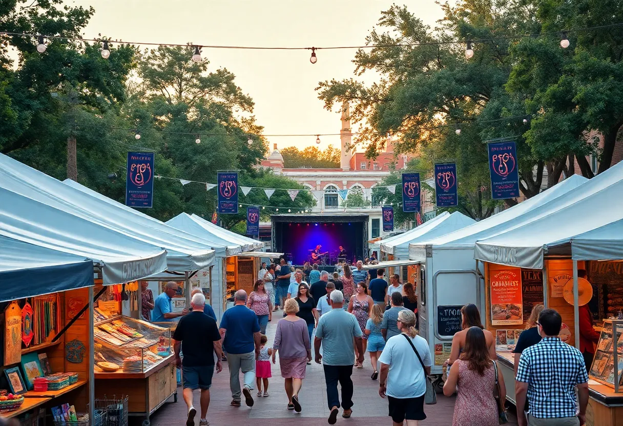 Outdoor festival in downtown Aiken with artisan booths, food trucks, live music stage, and string lights at dusk.