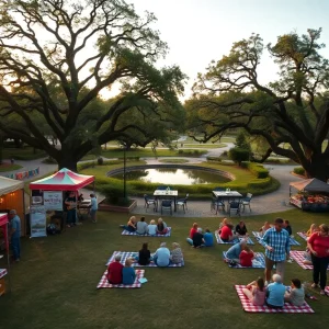 Outdoor festival with artisan booths and people picnicking under large live oak trees in Aiken, South Carolina
