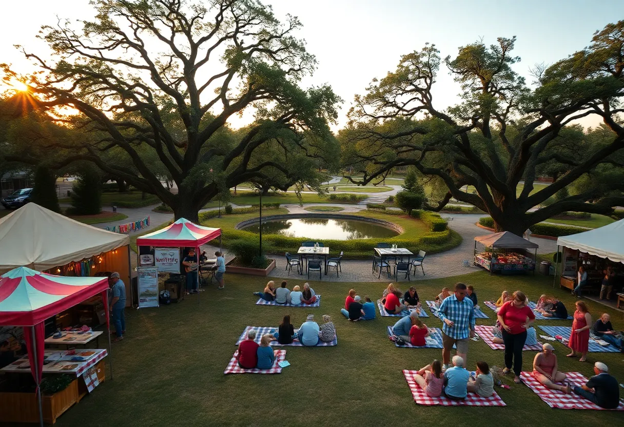Outdoor festival with artisan booths and people picnicking under large live oak trees in Aiken, South Carolina
