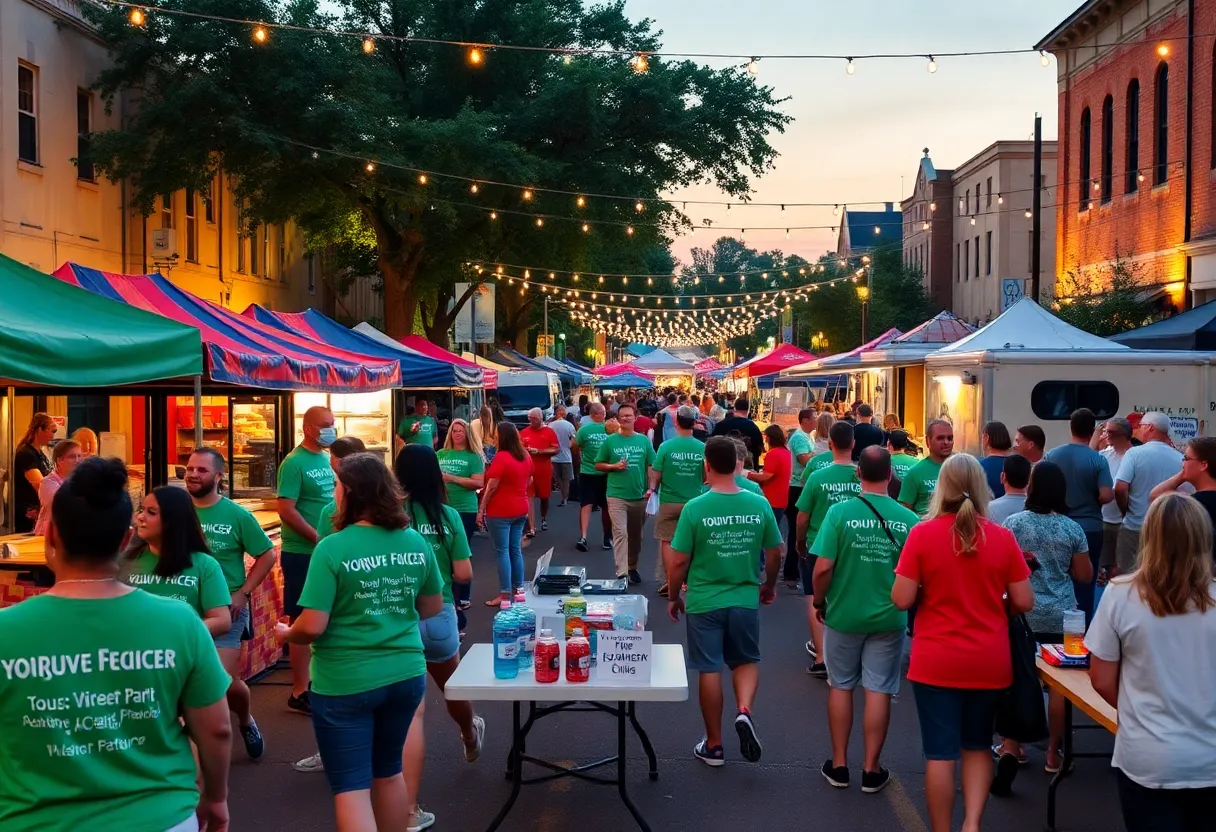 Volunteers setting up booths and hydration stations at a downtown Aiken festival