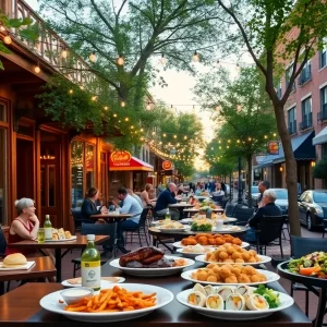 Downtown Aiken restaurants and outdoor dining with varied dishes on tables at golden hour