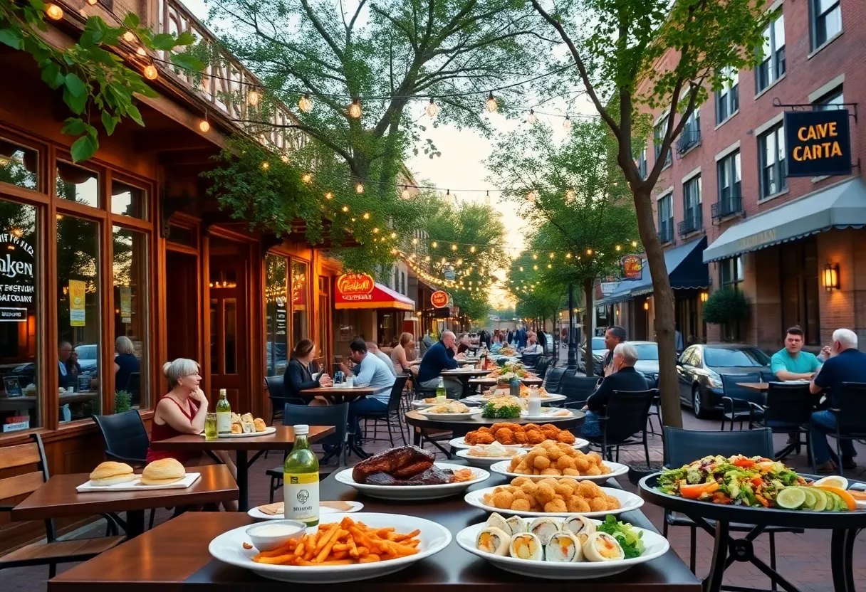 Downtown Aiken restaurants and outdoor dining with varied dishes on tables at golden hour