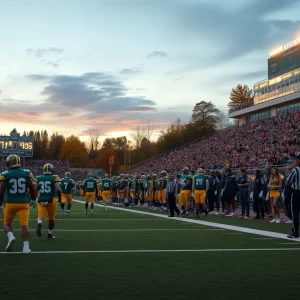 High school football players in green and gold jerseys battling on the field under stadium lights with fans in the stands