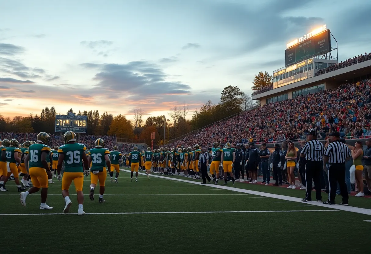 High school football players in green and gold jerseys battling on the field under stadium lights with fans in the stands
