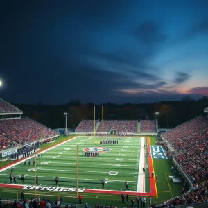 A high school football field lit at dusk with fans in the stands and a marching band in the distance