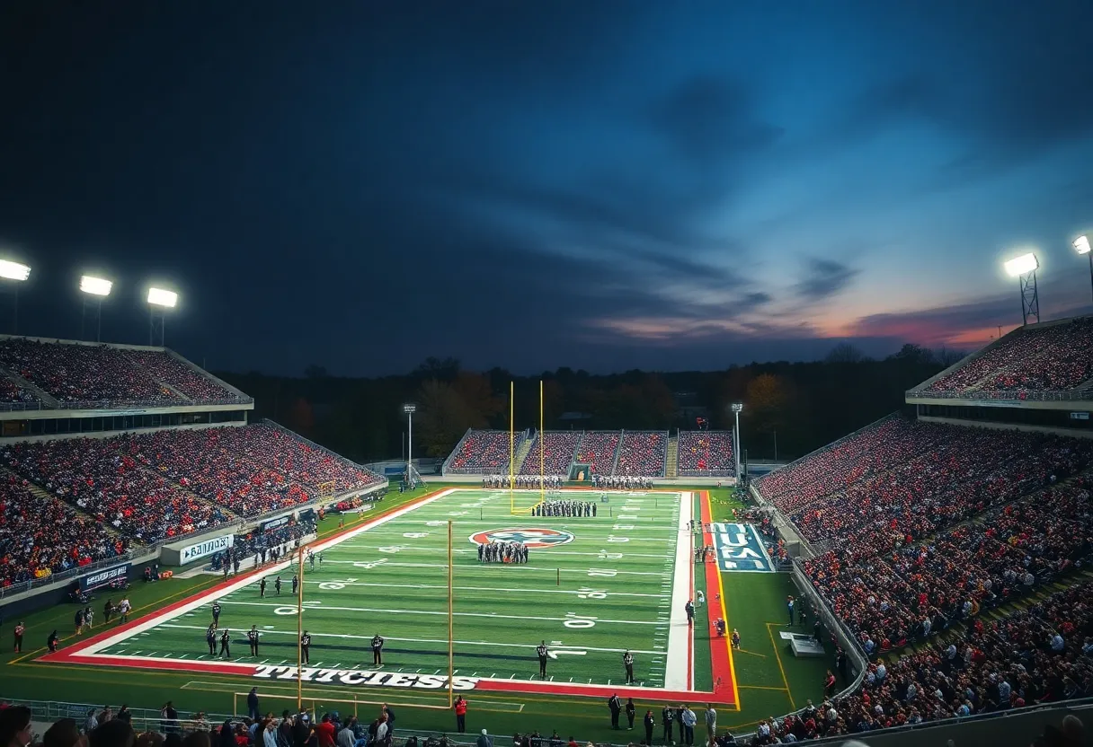 A high school football field lit at dusk with fans in the stands and a marching band in the distance