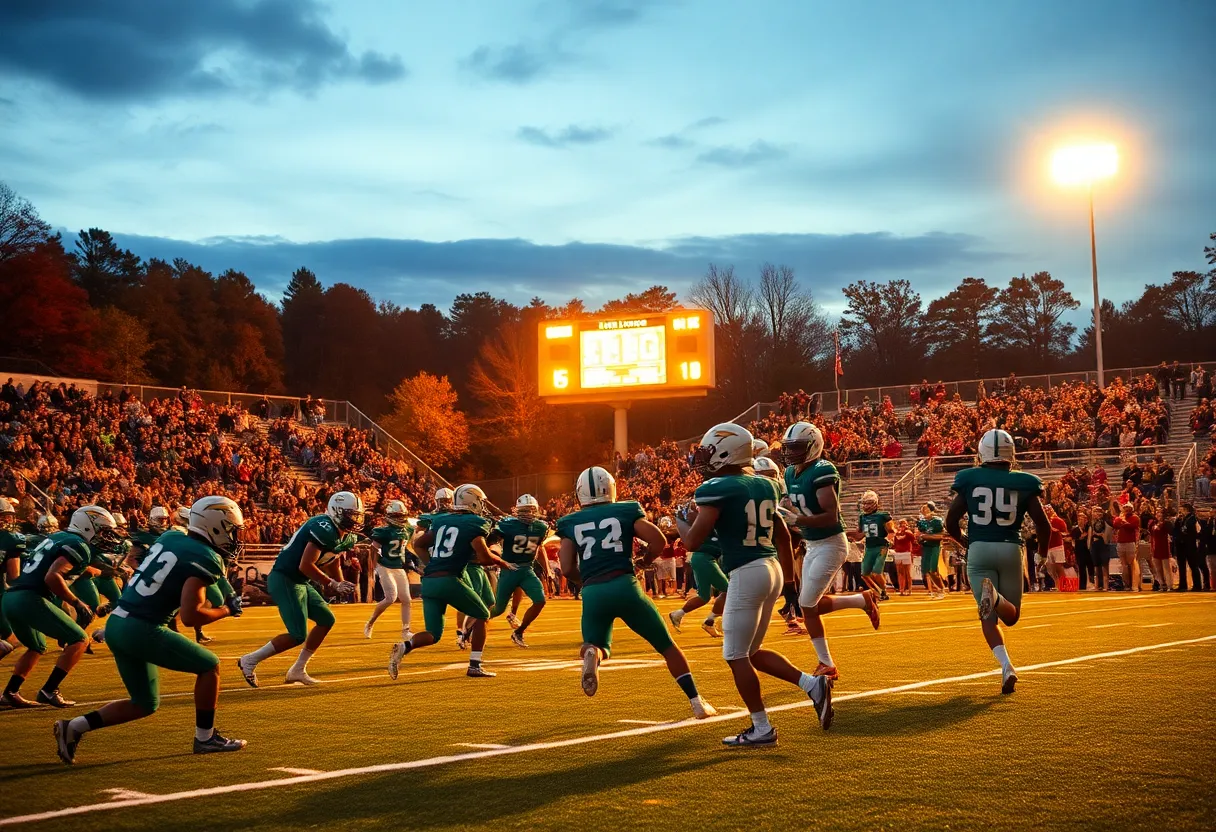 Lit high school football stadium at night with players warming up and crowds in the stands