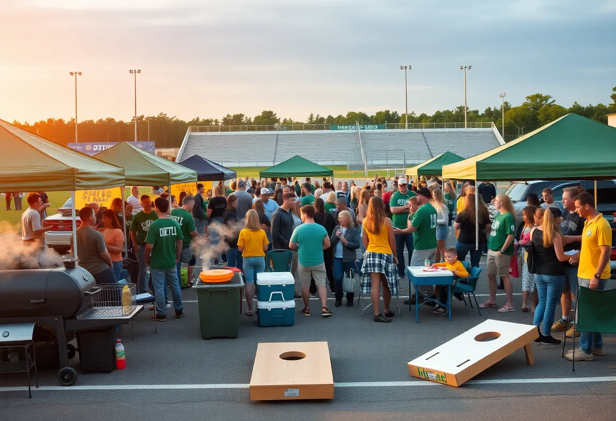 High school football tailgate with green and gold tents, grills, and cornhole near a stadium at sunset