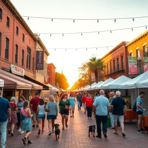 Crowd enjoying free outdoor community events in downtown Aiken with musicians, market stalls, families, and pet adoption table
