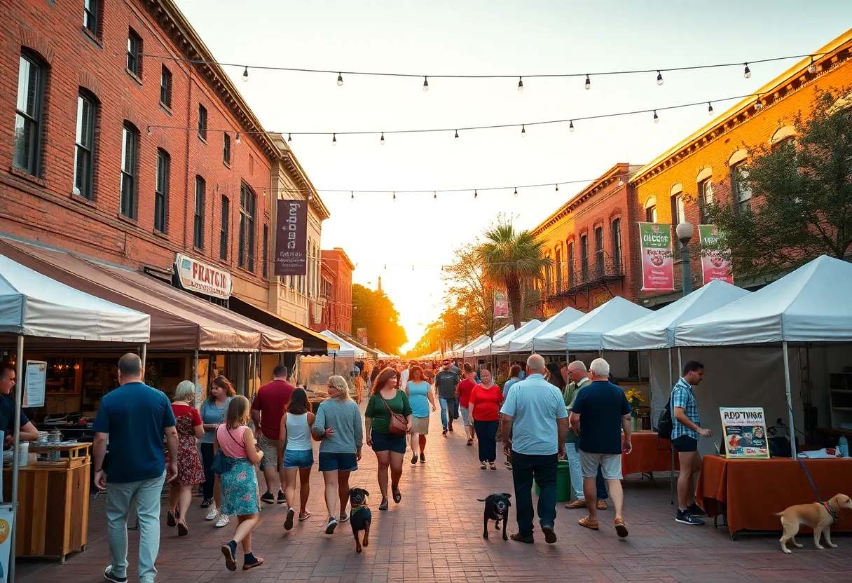 Crowd enjoying free outdoor community events in downtown Aiken with musicians, market stalls, families, and pet adoption table