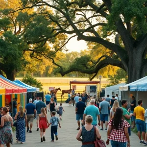 Outdoor art festival in Aiken with tents, visitors, and a Tai Chi group practicing in a nearby park
