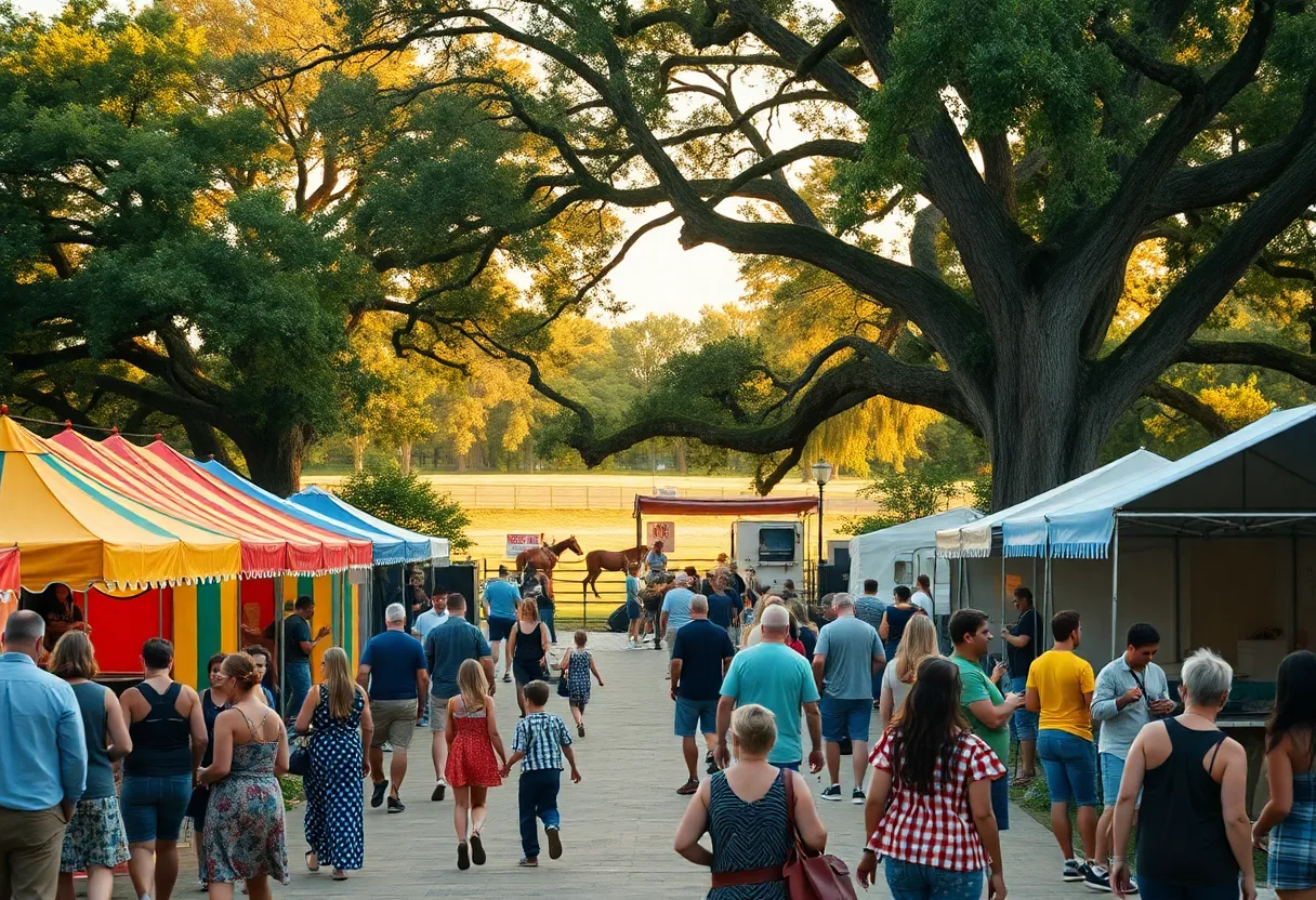 Crowds enjoying free outdoor events in downtown Aiken with artisan booths, live music stage, families, and horses visible in the background.