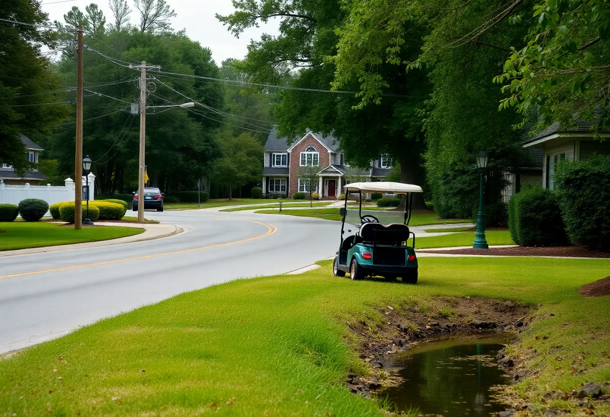 Golf cart parked in a residential area in Aiken, SC