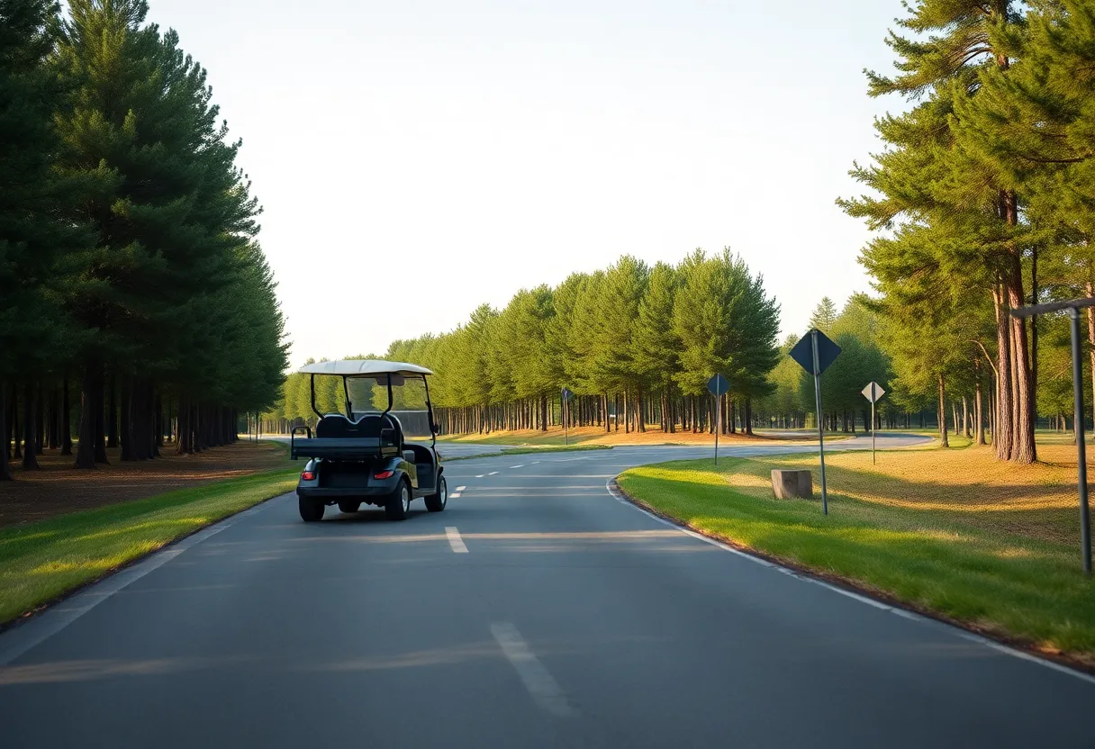 A golf cart on a country road in Aiken, South Carolina