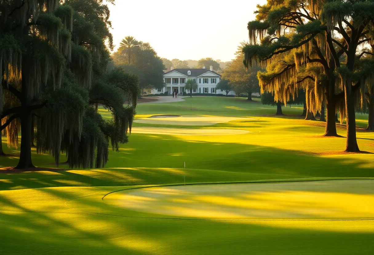 Sunrise over a manicured fairway at an Aiken golf course with oak trees and a flag on the green