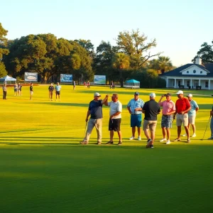 Teams playing a four-person scramble on a green fairway in Aiken with charity tents and clubhouse in the background