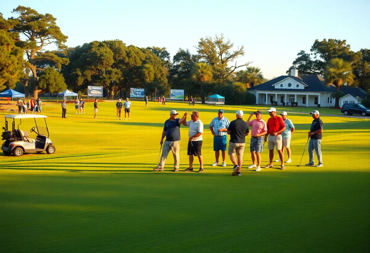 Teams playing a four-person scramble on a green fairway in Aiken with charity tents and clubhouse in the background