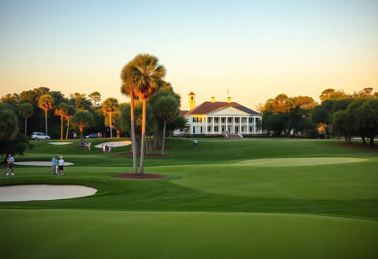 Historic Aiken golf course with players, clubhouse and tournament flags