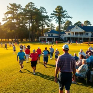 View of a golf course with players and clubhouse during a tournament in Aiken, SC