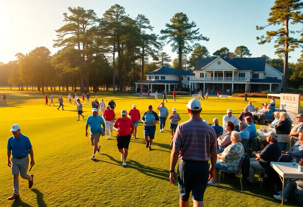 Golfers, volunteers and spectators at a charity tournament on a sunny Aiken golf course