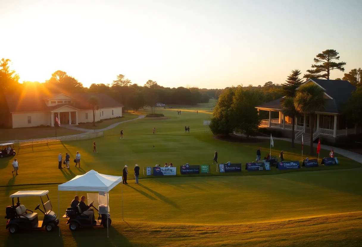 Amateur golfers on a sunlit fairway at a tournament in Aiken, SC with clubhouse and oak trees in background