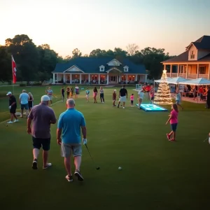 Group of golfers on a sunlit fairway with clubhouse and pine trees at an Aiken golf course