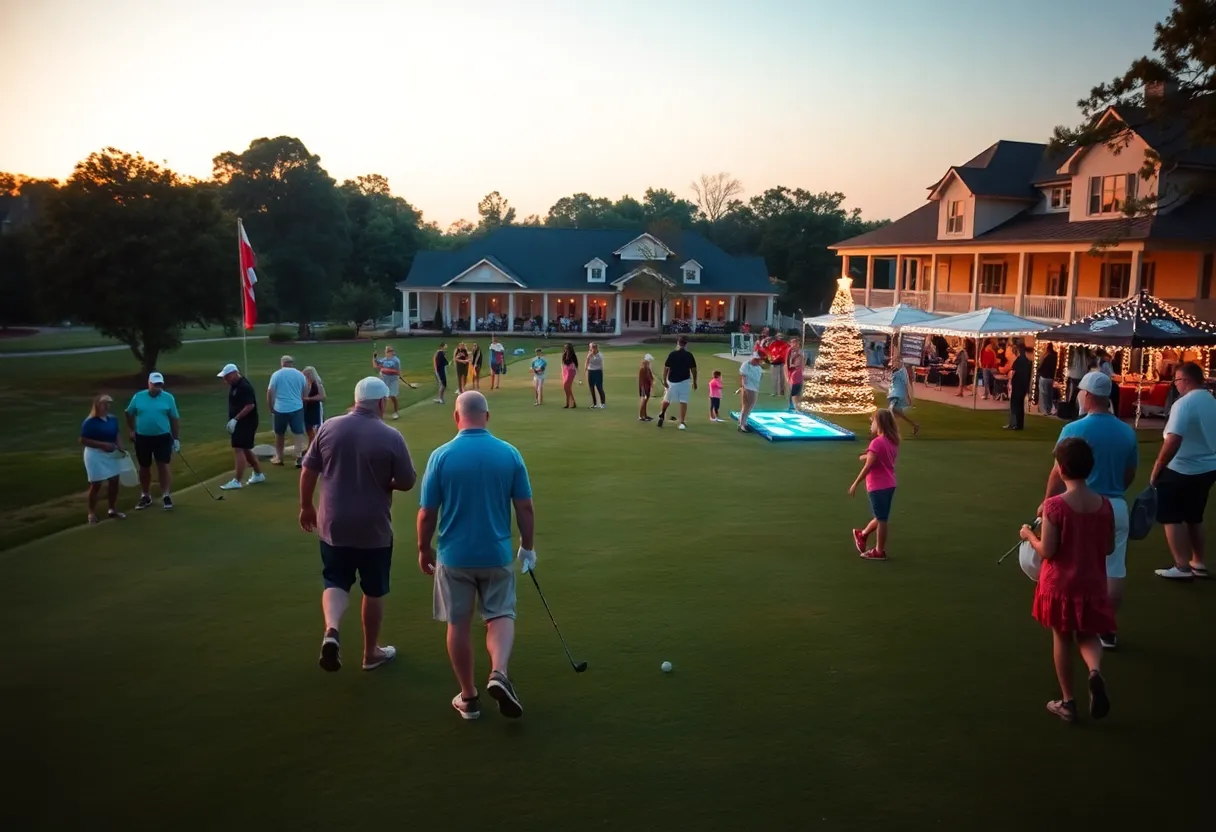 Group of golfers on a sunlit fairway with clubhouse and pine trees at an Aiken golf course
