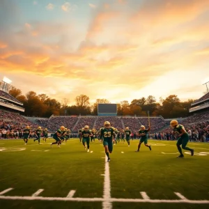 Aiken High School football players in green uniforms playing under stadium lights with a cheering crowd.