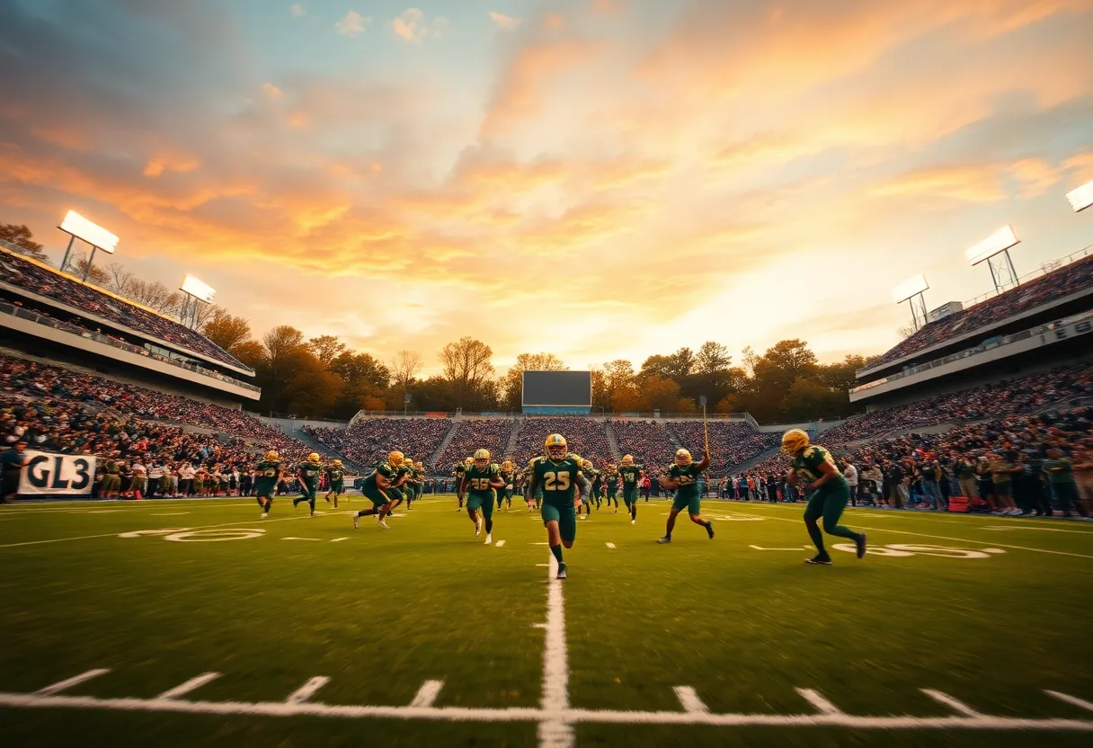 Aiken High School football players in green uniforms playing under stadium lights with a cheering crowd.