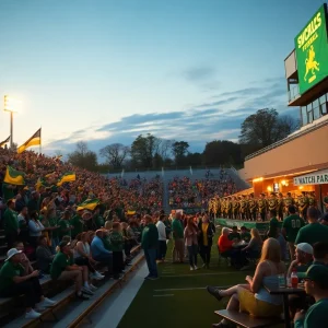 Crowd of Aiken high school football fans cheering under stadium lights with banners and tailgate groups nearby