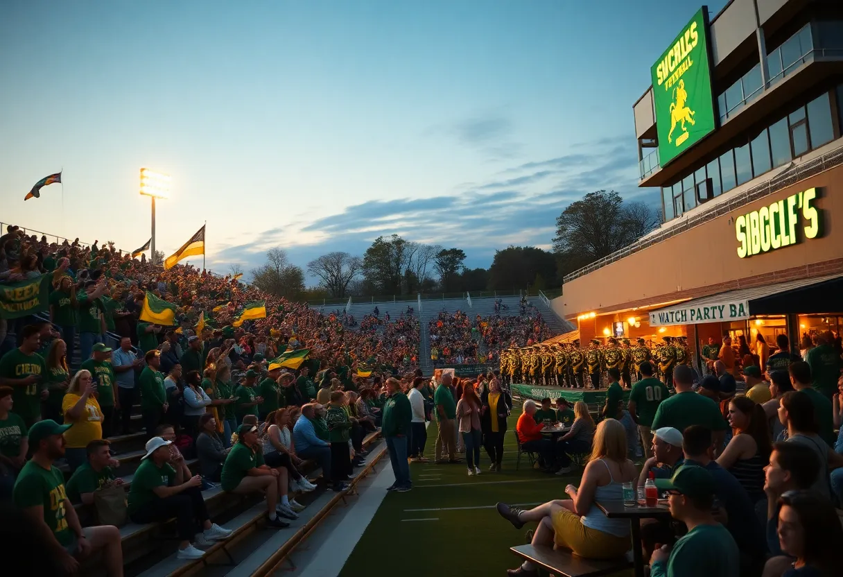 Crowd of Aiken high school football fans cheering under stadium lights with banners and tailgate groups nearby