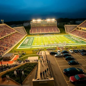 Nighttime Aiken High School football stadium with packed stands and parking lot