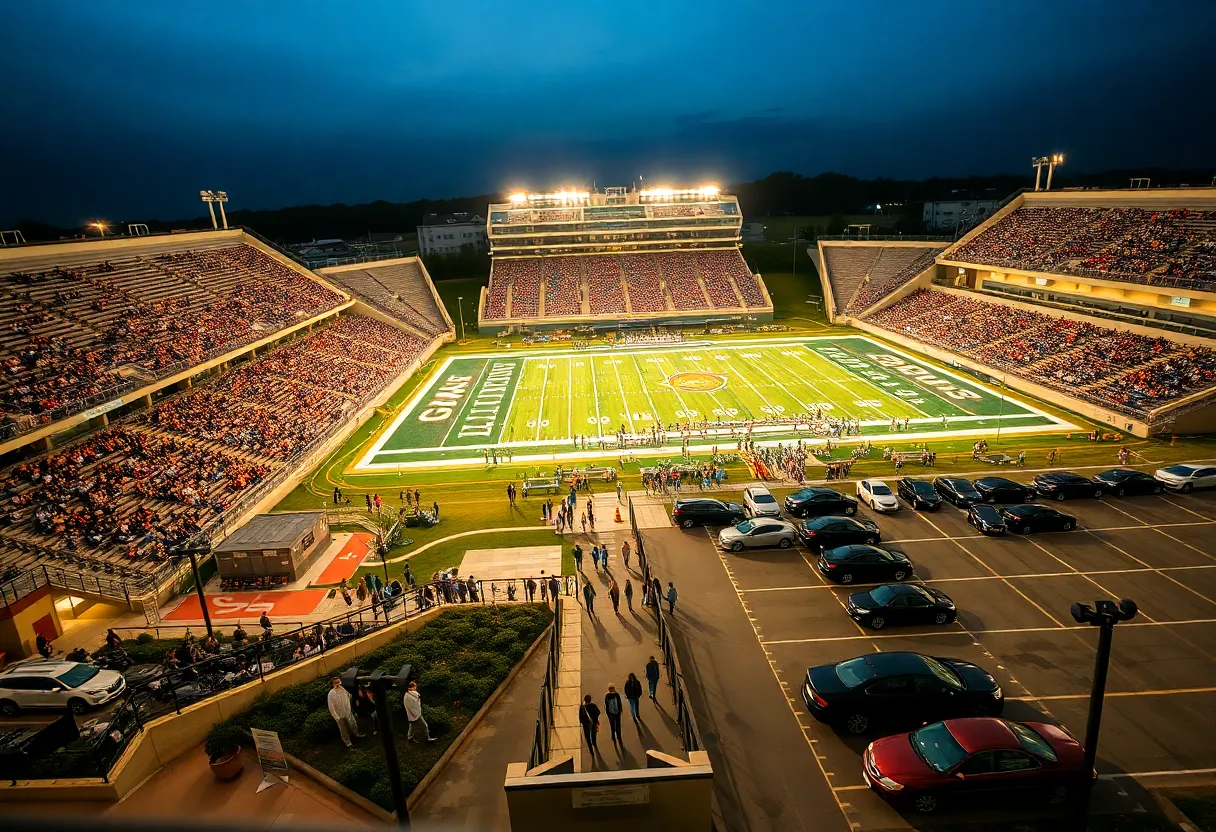 Nighttime Aiken High School football stadium with packed stands and parking lot