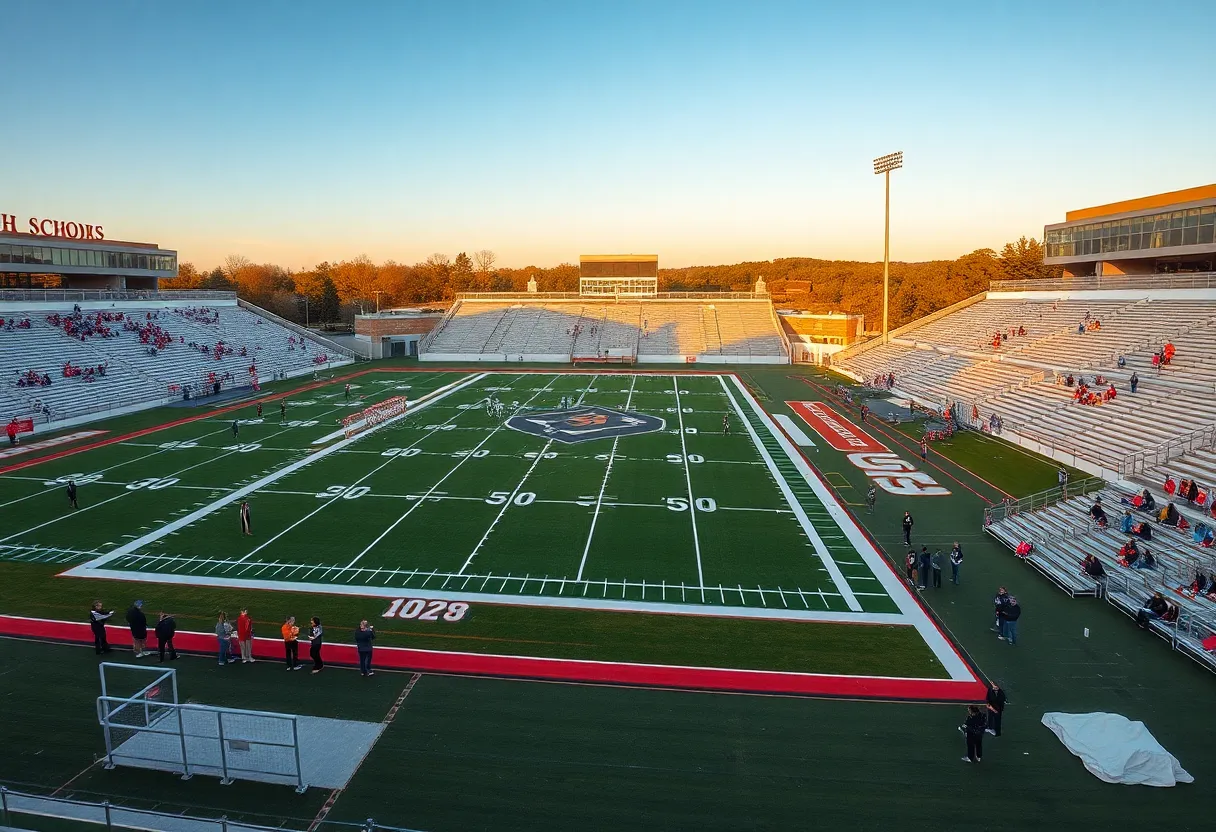 Aerial view of Aiken High School stadium with players practicing and fans arriving for preseason activities