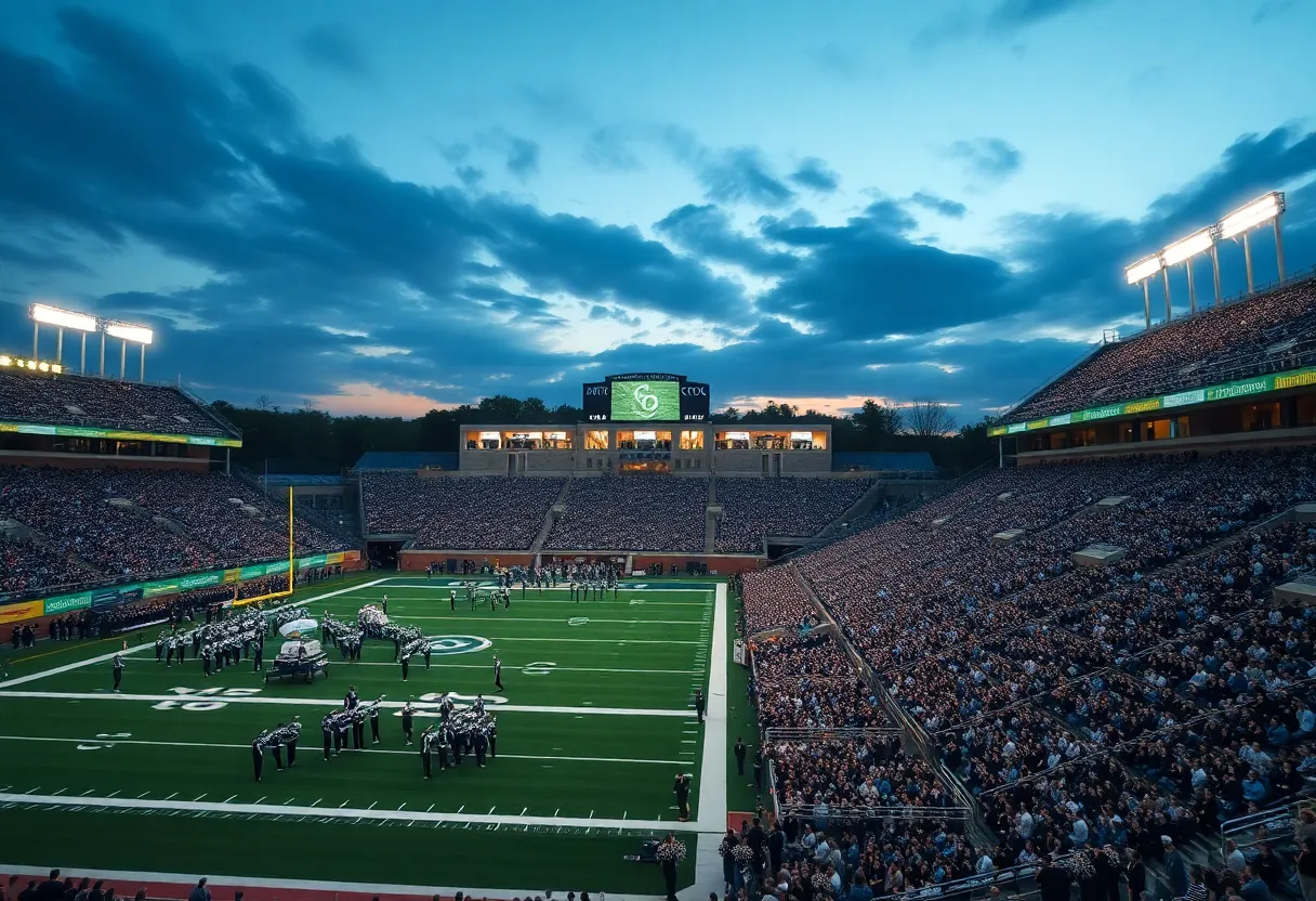 Aiken High School football field and packed stands at dusk with stadium lights on