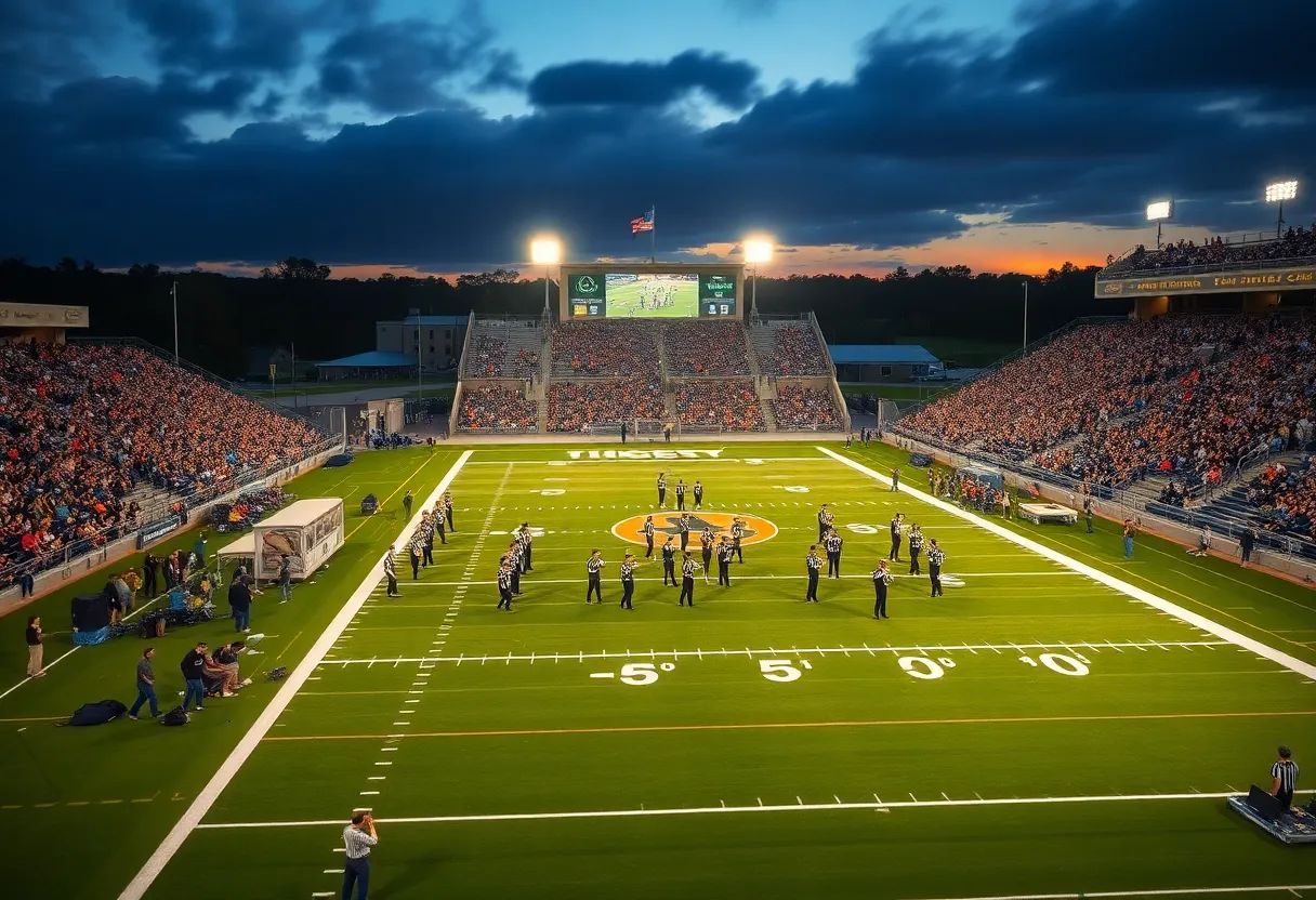 Aiken High School Stadium with teams warming up and crowd in stands at dusk