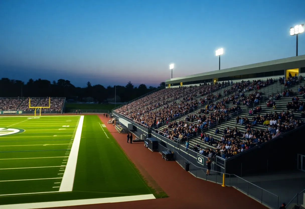 Aiken High School football stadium lit at dusk with fans arriving and banners in green and gold